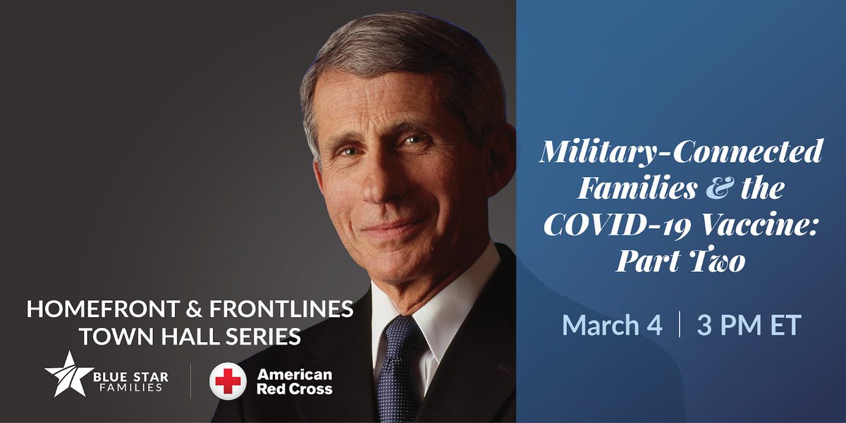 BlueStarFamily's tweet photo. Join @BlueStarFamily and @RedCross as Dr. Fauci and reps from the @DoD_DHA and @DeptVetAffairs answer questions from our military-connected community about the vaccine at this virtual event! Special messages from Sec. Austin and Sec. McDonough! https://t.co/mimC43NAFs https://t.co/vKy0u9RUP7