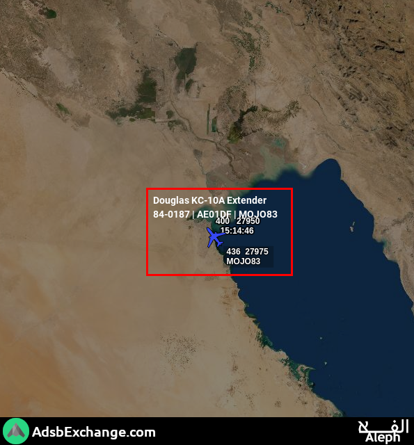 no_itsmyturn's tweet photo. 1518Z
#USAF 🇺🇸 KC-10A #Tanker 
84-0187 | #AE01DF | #MOJO83
Over #Kuwait 🇰🇼, presumably heading towards #Iraq 🇮🇶 https://t.co/xkOGjY4tP3