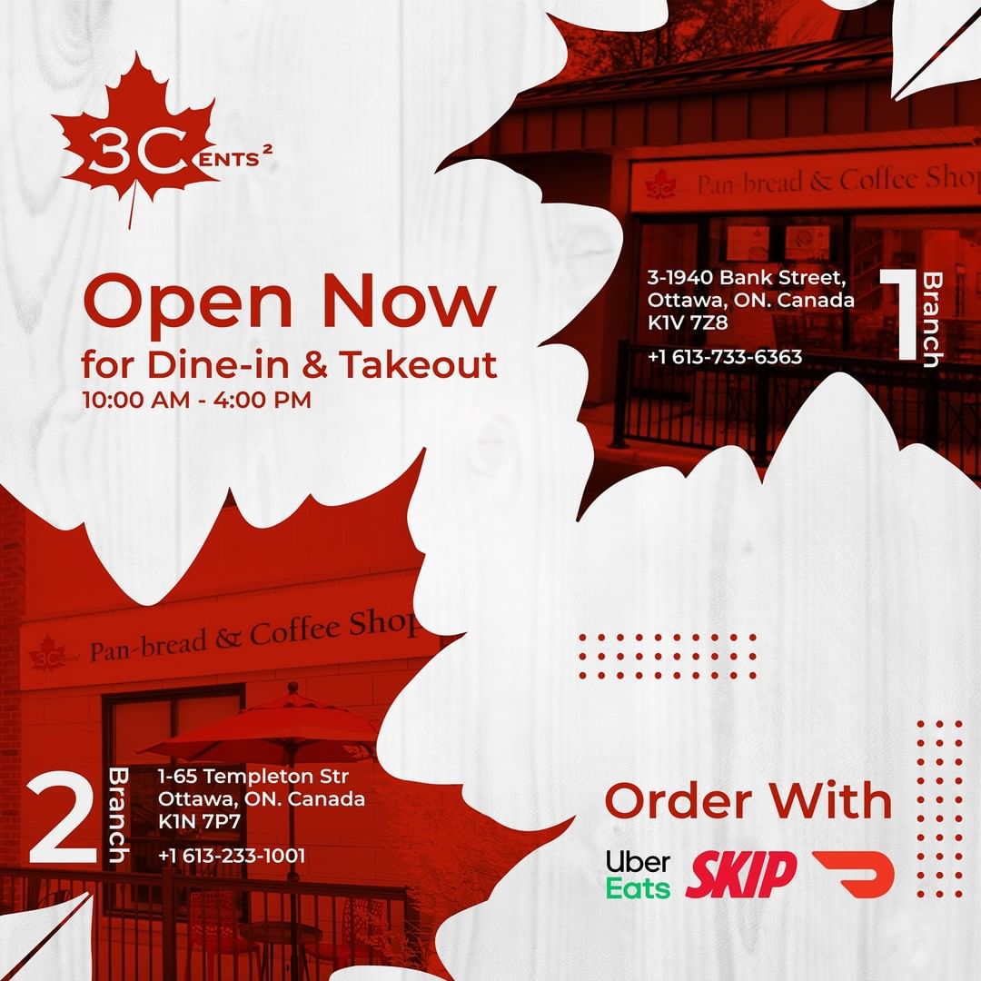 3CentsCafe's tweet photo. We are open for dine-in and take out from "10:00 AM - 4.00 PM" in both branches 🍁 We are available to order now on UberEATS &amp; Door Dash and Skip The Dishes 😍😍
#3Cents2 #CoffeShop #Ottawa #Canada #UberEats #DoorDash #SkipTheDishes https://t.co/PEzAg7e9lO