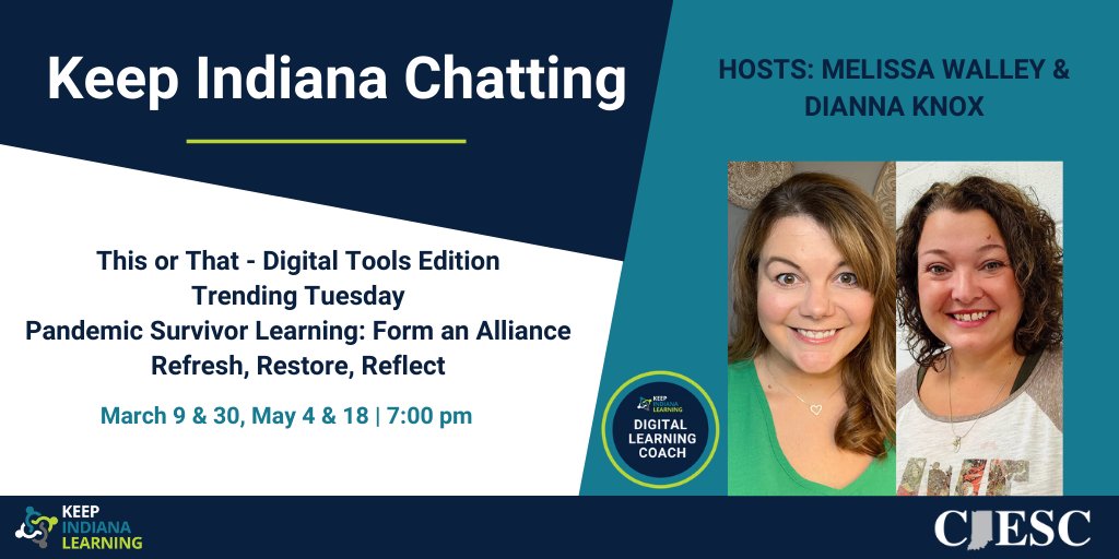 CarrieRosebrock's tweet photo. Connect w/ 2 of our #digitallearningcoaches @MelissaWalley @talkintechccs on 3/9 to discuss #digitaltools @INeLearn @INeLearningLab @KeepINLearning @CIESCtweets @iceindiana @techiejenny https://t.co/W8D1SiMr13
