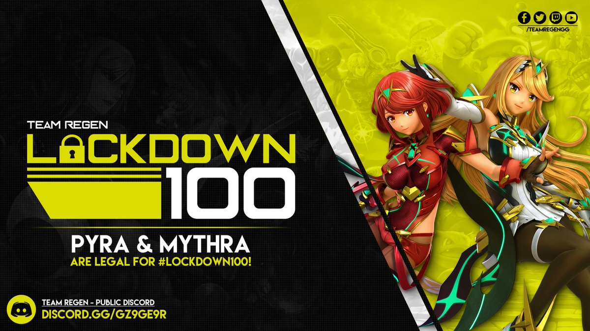 TeamRegenGG's tweet photo. Pyra &amp; Mythra will be legal for #Lockdown100!

Will the Legendary Blades be able to claim victory? 

Find out this Sunday 7th March from 14:00PM when Lockdown reaches its 100th event Milestone!

Twitch:
https://t.co/yZHf3lZ8X7

SmashGG:
https://t.co/IZWqmCPOGL https://t.co/MAD5w8bj5Z