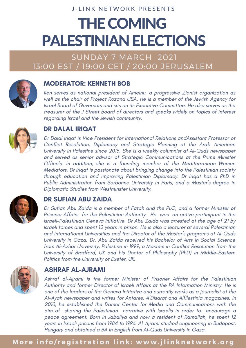 JLinkNetworkOrg's tweet image. Join us this Sunday, 7 March, 13:00 EST/ 19:00 CET/ 20:00 Jerusalem for our second webinar: The Coming Palestinian Elections. Register here: bit.ly/3sMklKY. For more info: jlinknetwork.org