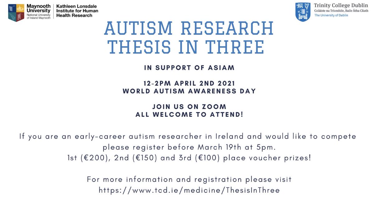 MU Lonsdale Institute for Human Health Research (@mulonsdale) on Twitter photo Calling all autism researchers in Ireland! Join us on 2nd April 2021 to celebrate World Autism Awareness Day, by presenting your research and competing for some great prizes from <a href="/AutismTCD/">Autism & Rare Neurodevelopmental Research</a> and @MULonsdale <a href="/MaynoothUni/">Maynooth University</a>
maynoothuniversity.ie/news-events/au…
#AutismResearchIreland (1/4) Calling all autism researchers in Ireland! Join us on 2nd April 2021 to celebrate World Autism Awareness Day, by presenting your research and competing for some great prizes from <a href="/AutismTCD/">Autism & Rare Neurodevelopmental Research</a> and @MULonsdale <a href="/MaynoothUni/">Maynooth University</a>
maynoothuniversity.ie/news-events/au…
#AutismResearchIreland (1/4)