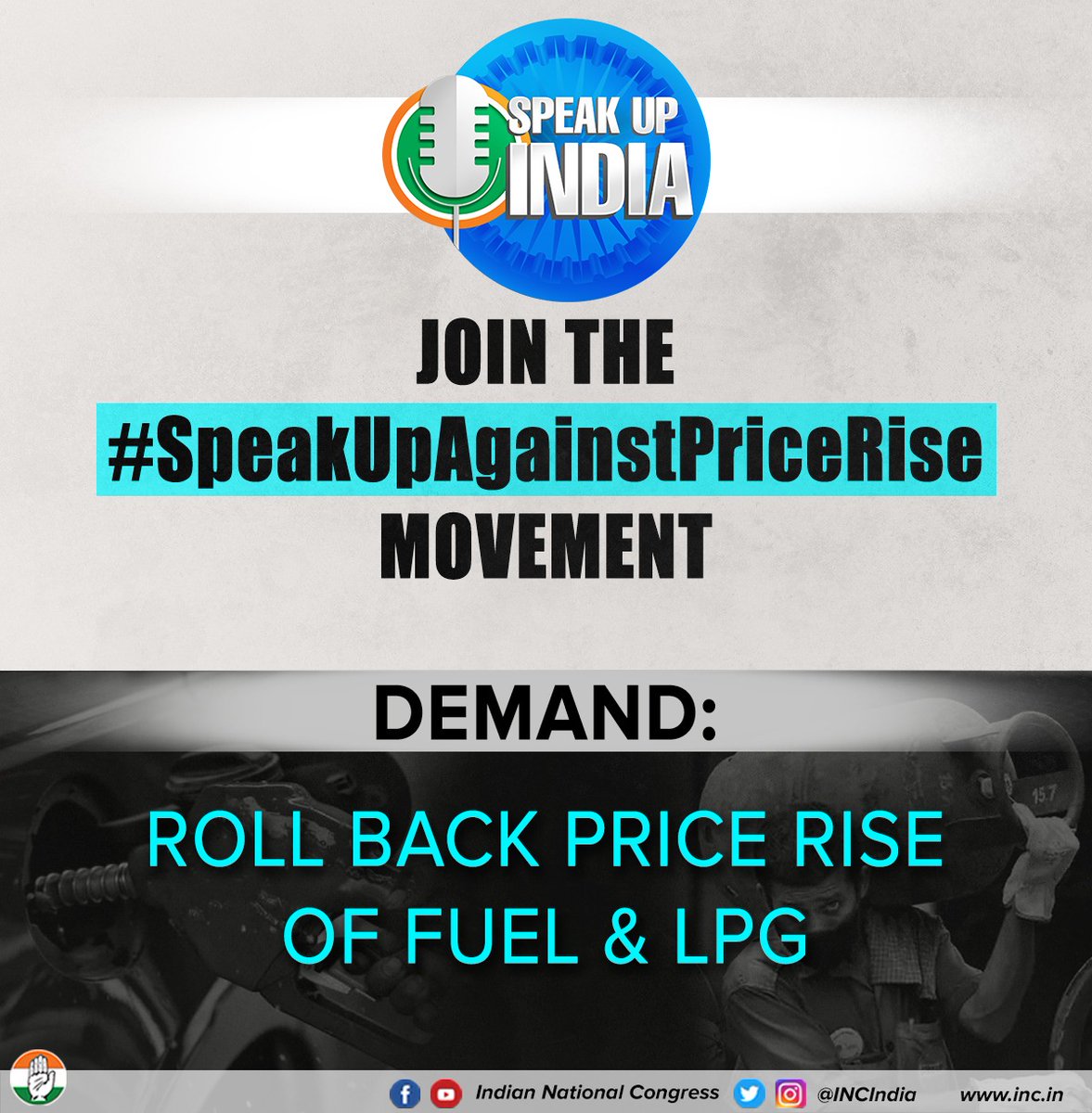 INCIndia's tweet photo. The skyrocketing prices of petrol, diesel &amp; LPG cylinders has left Indians with neither a rupee in their pocket nor a secure future.

This loot of the common citizen needs to end, NOW.

#SpeakUpAgainstPriceRise https://t.co/bUYt21SW1d