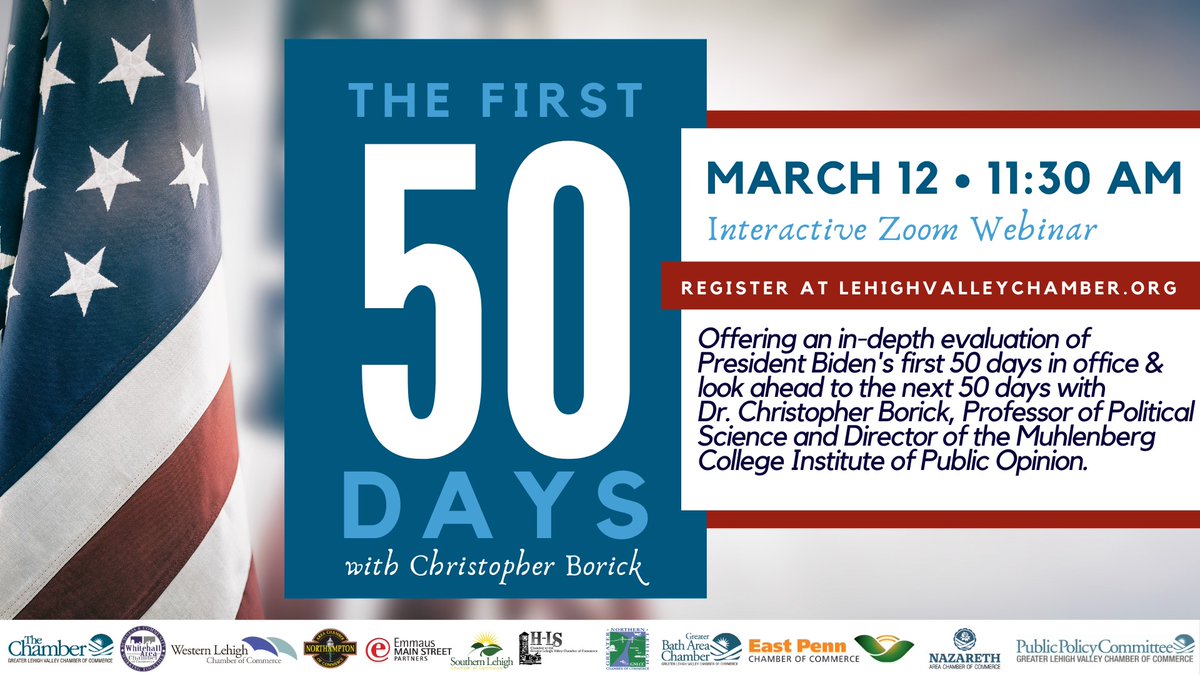 Muhlenberg's tweet photo. Tune in next Friday to hear Professor Christopher Borick, the Director of Muhlenberg College's Institute of Public Opinion, as he looks at the President's first 50 days.
This event is being hosted through @GLVCC, head over to the event page for more information. #first50days https://t.co/Bg85yfeAt3