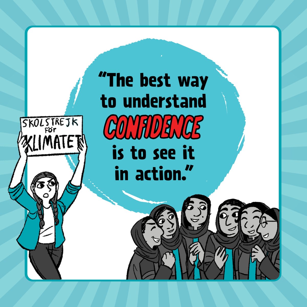 An illustration of Greta Thunberg and the Afghan Girls' Robotics Team