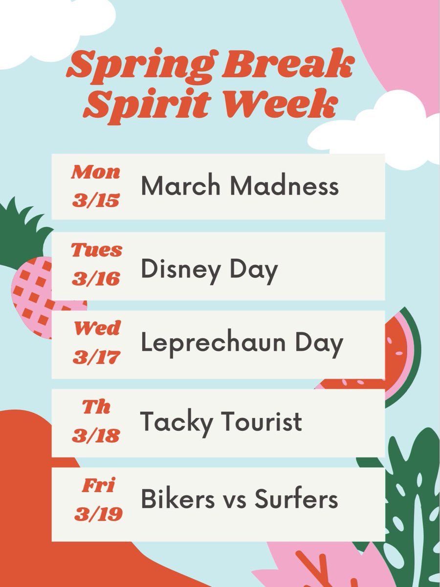 Hey GHS, get pumped for spring break by participating in our spring break spirit week!!!