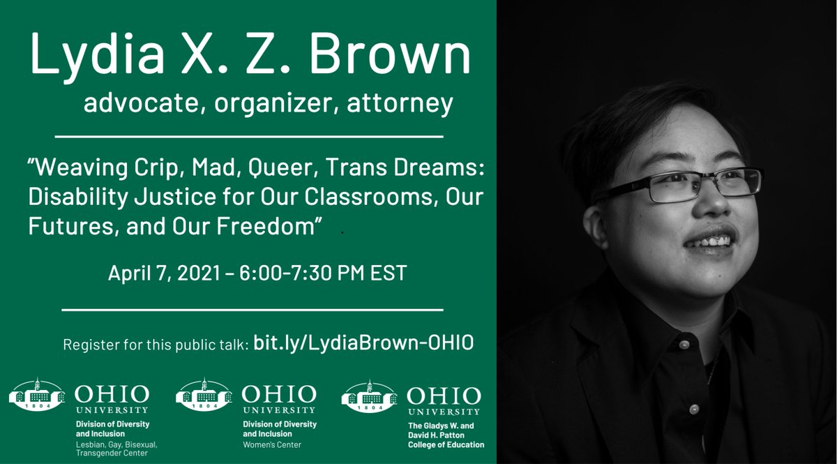 OHIOPrideCenter's tweet photo. Join us for a talk with disability rights advocate and organizer Lydia X. Z. Brown on April 7th, 6:00-7:30 PM:

"Weaving Crip, Mad, Queer, Trans Dreams: Disability Justice for Our Classrooms, Our Futures, and Our Freedom."

Learn more + register: https://t.co/pBZtLNGmbx https://t.co/LJNhAV2OWs