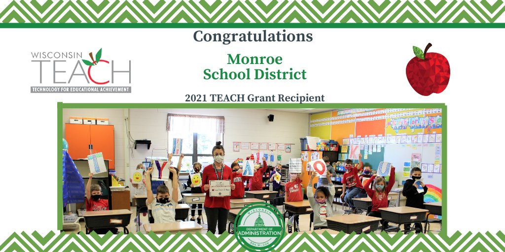 WisconsinDOA's tweet photo. Congrats to Monroe Public Schools for being awarded 2021 TEACH Grant! @monroeschoolsWI Ms. Erickson & her 2nd grade class at Abraham Lincoln Elementary are excited about opportunities more online learning can bring! More 2021 TEACH Grant awards: https://t.co/aaEePZiLai #WITeach https://t.co/nL2yydCiOb