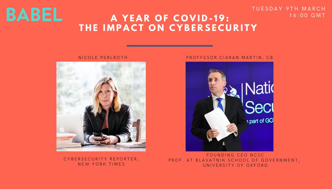 Less than a week until our all-star panel #cybersecurity event...<a href="/nicoleperlroth/">Nicole Perlroth</a> of the <a href="/nytimes/">The New York Times</a> and former <a href="/NCSC/">NCSC UK</a> chief @ciaranmartinoxf will be speaking with <a href="/simoncoughlin/">Simon Coughlin</a> about how the pandemic has impacted cyber threats. Register here l.babelpr.com/yyupt