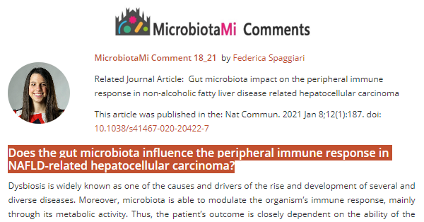#MicrobiotaMiComment by Federica Soaggiari @FedericaSpaggi1 "Does the gut #microbiota influence the peripheral immune response in #NAFLD-related hepatocellular carcinoma?" microbiotami.com/2021/03/04/doe…