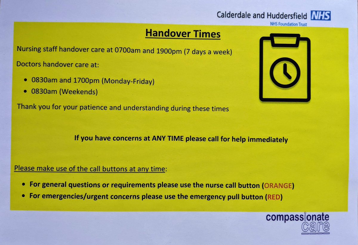 If your child is an inpatient on the children’s ward or is referred to the Assessment unit, here are the handover times for the Nurses and Doctors.
If you have any concerns during these times please use the correct buttons
🟧 is the Nurse call bell
🟥 is the emergency button