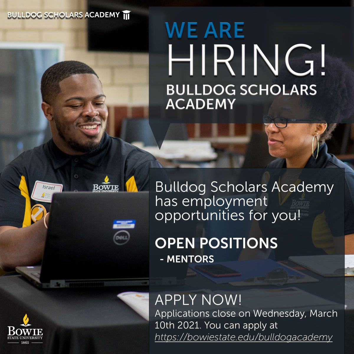Bulldog Scholars Academy is offering paid mentorship opportunities for those who qualify, the deadline has been extended to March 10th. Apply now at 🔗bowiestate.edu/bulldogacademy.