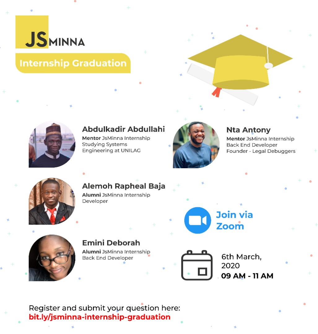 JavascriptMinna's tweet photo. Started this thing October 2020, where we helped developers get better at JavaScript. We would be having a virtual graduation ceremony for them on Saturday the 6th of March, 2021 and you're all invited🤗

Link: https://t.co/gUR9kHIqlK https://t.co/GmjEq1Le6l