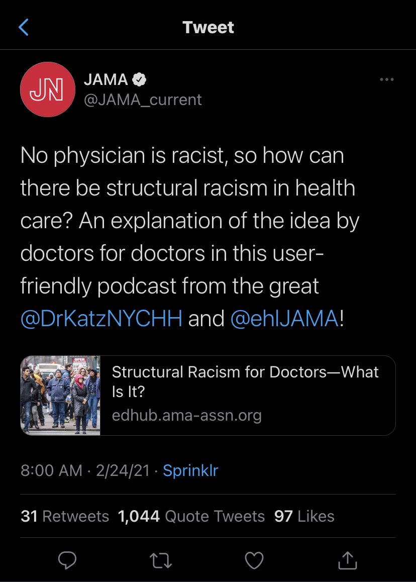 1) Yes, physicians can absolutely be racist. 2) Yes, physicians can be complicit in upholding the practices and policies of systemic racism. 3) @JAMA_current, this tweet shouldn’t have bern deleted. It was a (yet, again) another learning opportunity for your journal.