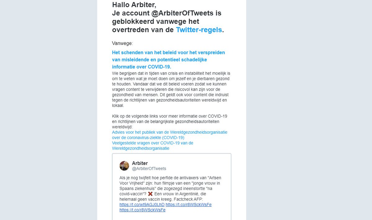 Ik deel dit even in naam van @ArbiterOfTweets, wiens account voor de 2e keer in een week tijd geblokkeerd is door Twitter. Deze keer omdat hij fake news zou verspreiden in een bericht met link naar *een factcheck van AFP*. Ik vind dit 1) bijzonder raar en 2) bijzonder zorgwekkend