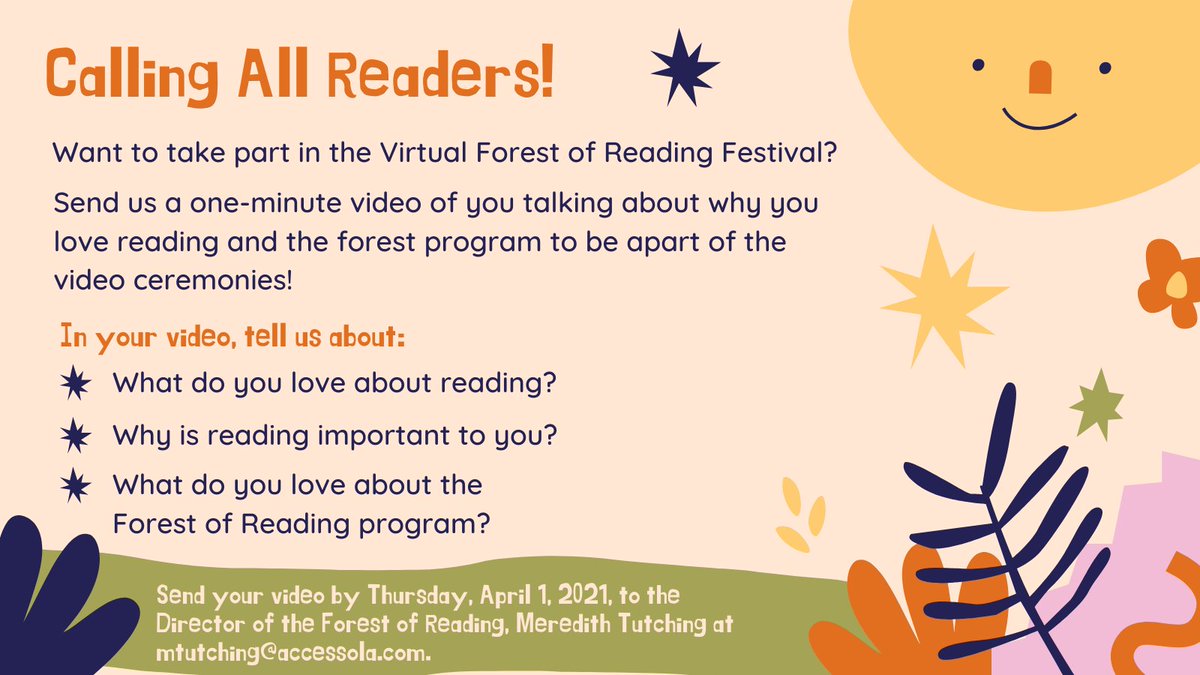 ForestofReading's tweet image. UPDATE: On Tuesday we announced that we’re looking for readers to participate in the #ForestofReadingFestival. We now have instruction about the video submissions on the password site for those who are interested:

ENGLISH: forestofreading.com/2021/03/04/awa…
FRENCH: forestofreading.com/award-ceremoni…