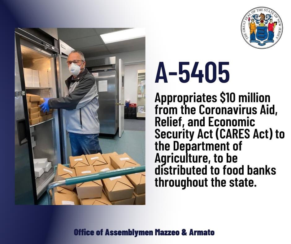On Monday, the Assembly unanimously passed bill A-5405 which appropriates $10 million from the CARES Act to the Department of Agriculture, to be distributed to food banks throughout New Jersey.