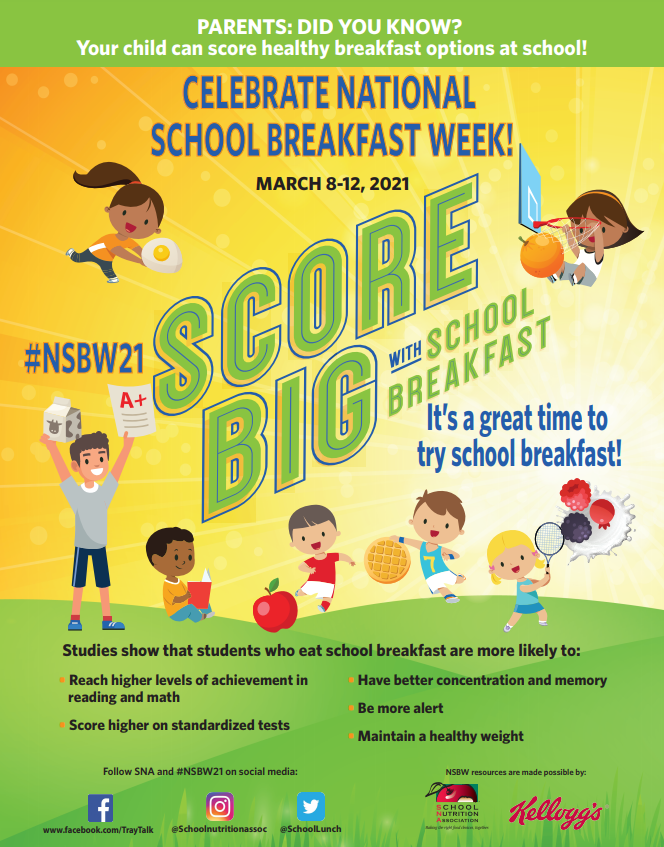 CALSWP's tweet photo. Next week, March 8-12, is #NationalSchoolBreakfastWeek and this year's theme is "Score Big with School Breakfast!" What is your school or district planning to celebrate National #SchoolBreakfast Week? Share with us!

#NSBW21 #SchoolMeals #FoodAccess https://t.co/V1ADuvdOzz