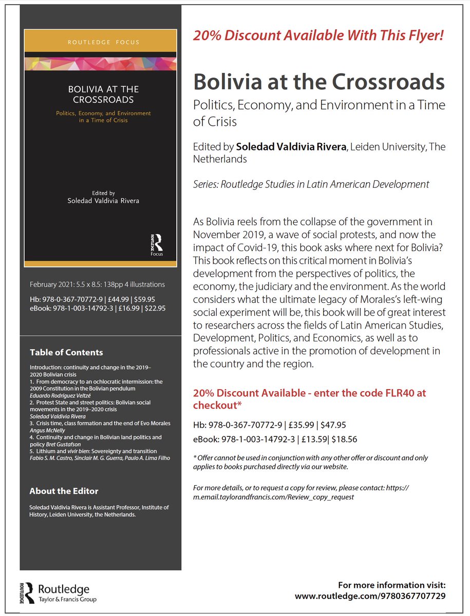 AngusMcnelly's tweet photo. 20% discount for the excellent collection on the 2019 crisis in Bolivia. I may be a little bias, but it looks superb (particularly chapter 3!) https://t.co/Tg8XhBa90y