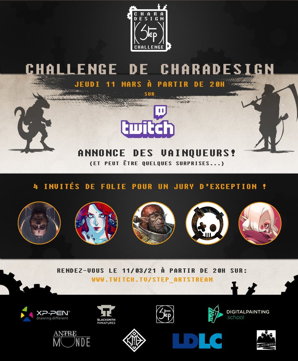 StephenCornu's tweet photo. RDV Jeudi 11 Mars à 20h pour le live qui clôturera le #charadesignstepchallenge et pour enfin connaitre le verdict du Jury : @Kmetteuh Olivier Bernard @Asahiart @XaGueuzav et moi ! 🍻🏆
#XPPENTablette #LDLC #Digitalpaintingschool #Antremonde #BlacksmithMiniatures #Kme #BBE #Step https://t.co/caZPO7re1K