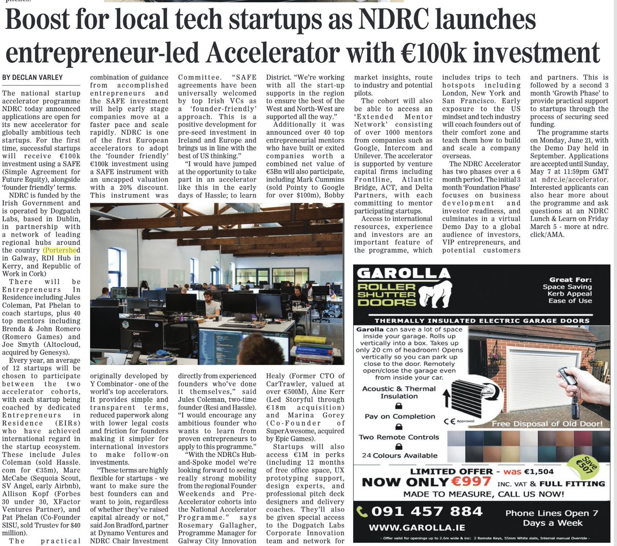 portershed's tweet photo. Thank you @declanvarley @galwayad for publishing todays  announcement. This is an incredible opportunity for tech startups in the West and North West. For more information visit: https://t.co/eXMHEnzuht or Read all about in on page 8. #galway #ndrc #portershed https://t.co/s2ubD7kgMW
