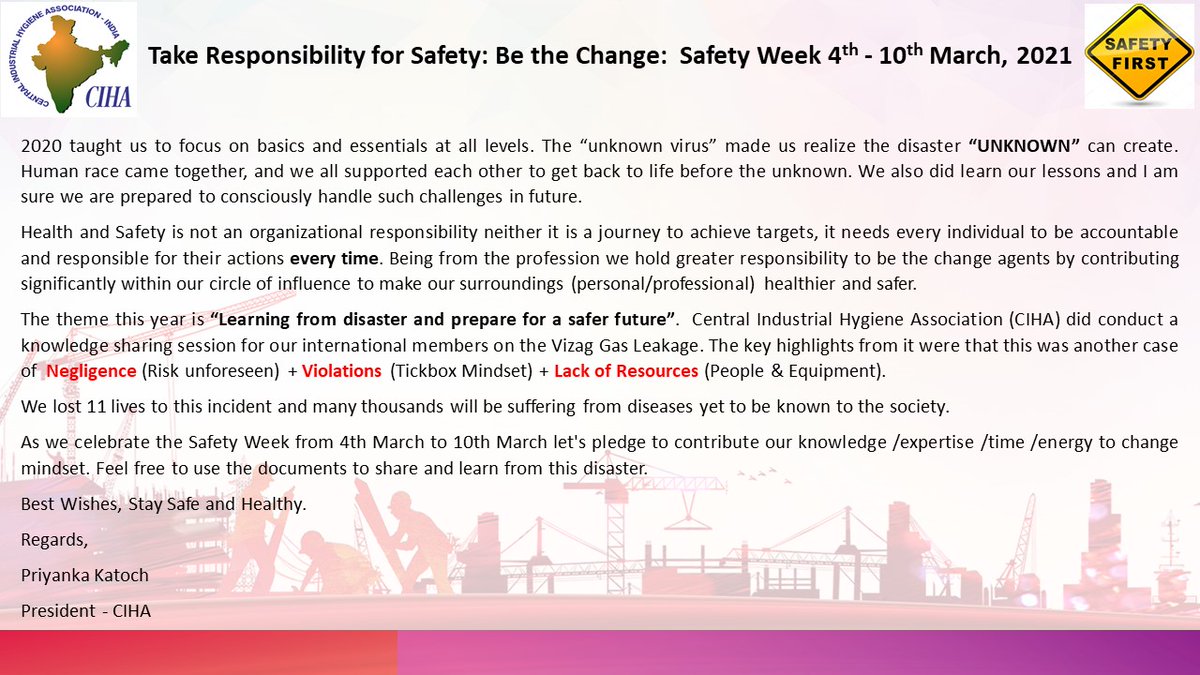 CIHAINDIA's tweet photo. This #NationalSafetyDay2021 a message from #CIHA 
#SafetyFirst #safetyday #IamIH 
#safety https://t.co/3B3sI9TXwv