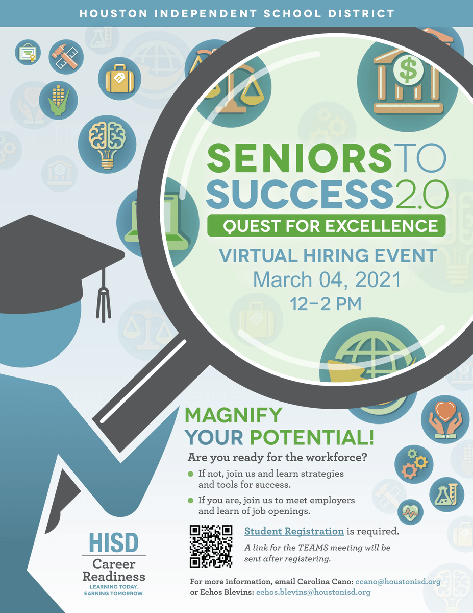 Seniors and recent high school graduates, 
<a href="/HoustonCC/">HoustonCC</a> and <a href="/WFSolutions/">Workforce Solutions</a>  are hosting the second annual Seniors To Success 2.0 event! Access career opportunities by using the link below bit.ly/2MJkrDx