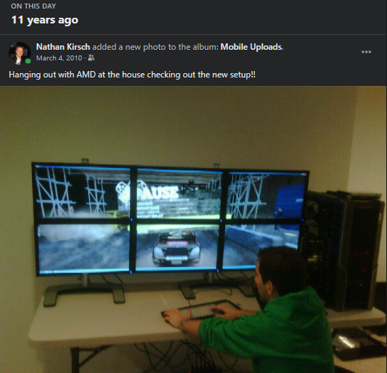 LegitReviews's tweet image. 11 years ago on this day the @Radeon team stopped by LR here in Missouri and helped build a 6-panel (5760×2160) AMD Eyefinity gaming setup! The ATI Radeon HD 5870 2GB Eyefinity 6 Edition Graphics Card was very unique! 

Dirt 2 &amp;amp; HAWX were wicked fun. 

#Radeon #AMD #Eyefinity