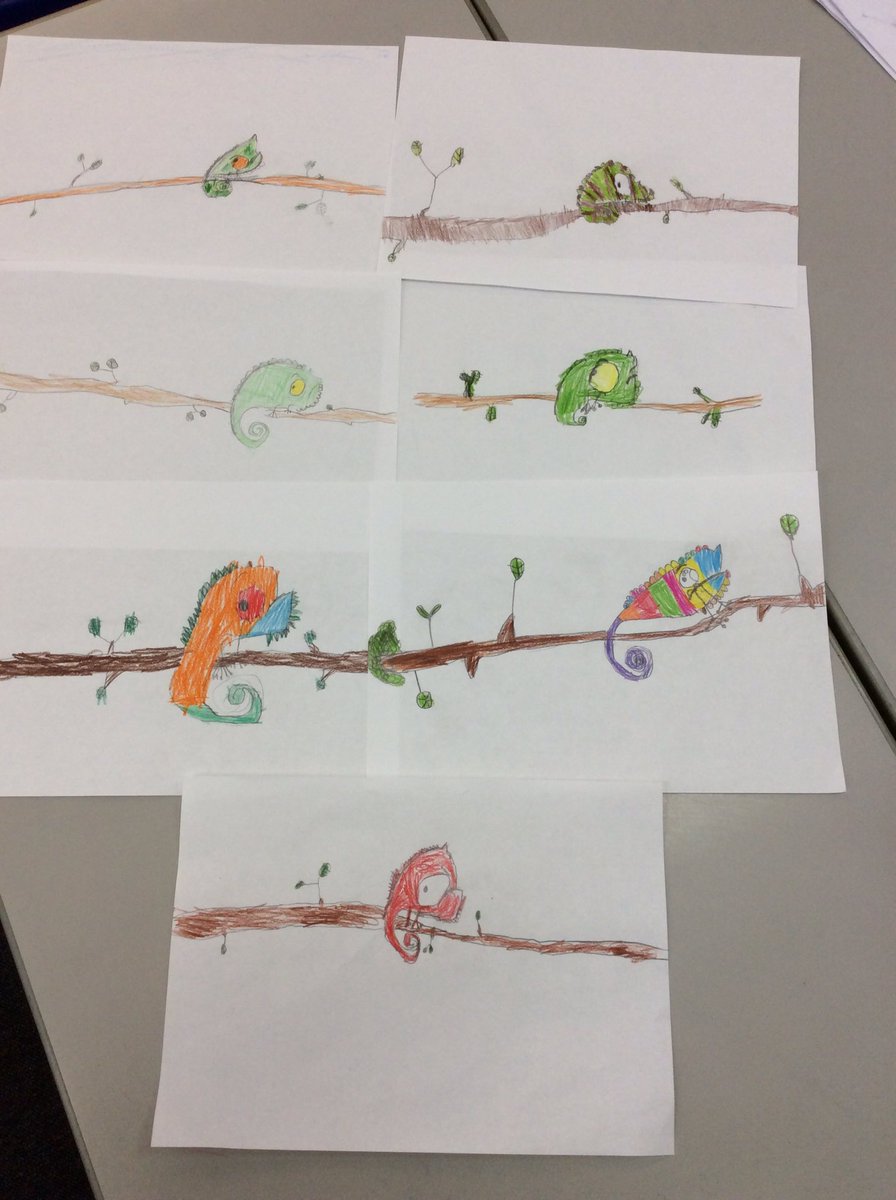 room3P2's tweet photo. World Book Day in Room 3. We shared the story Conker the Chameleon by Hannah Peckham and talked about how our feelings change just like the main character in the story. We also drew our own chameleons. https://t.co/Tux6PIelyA