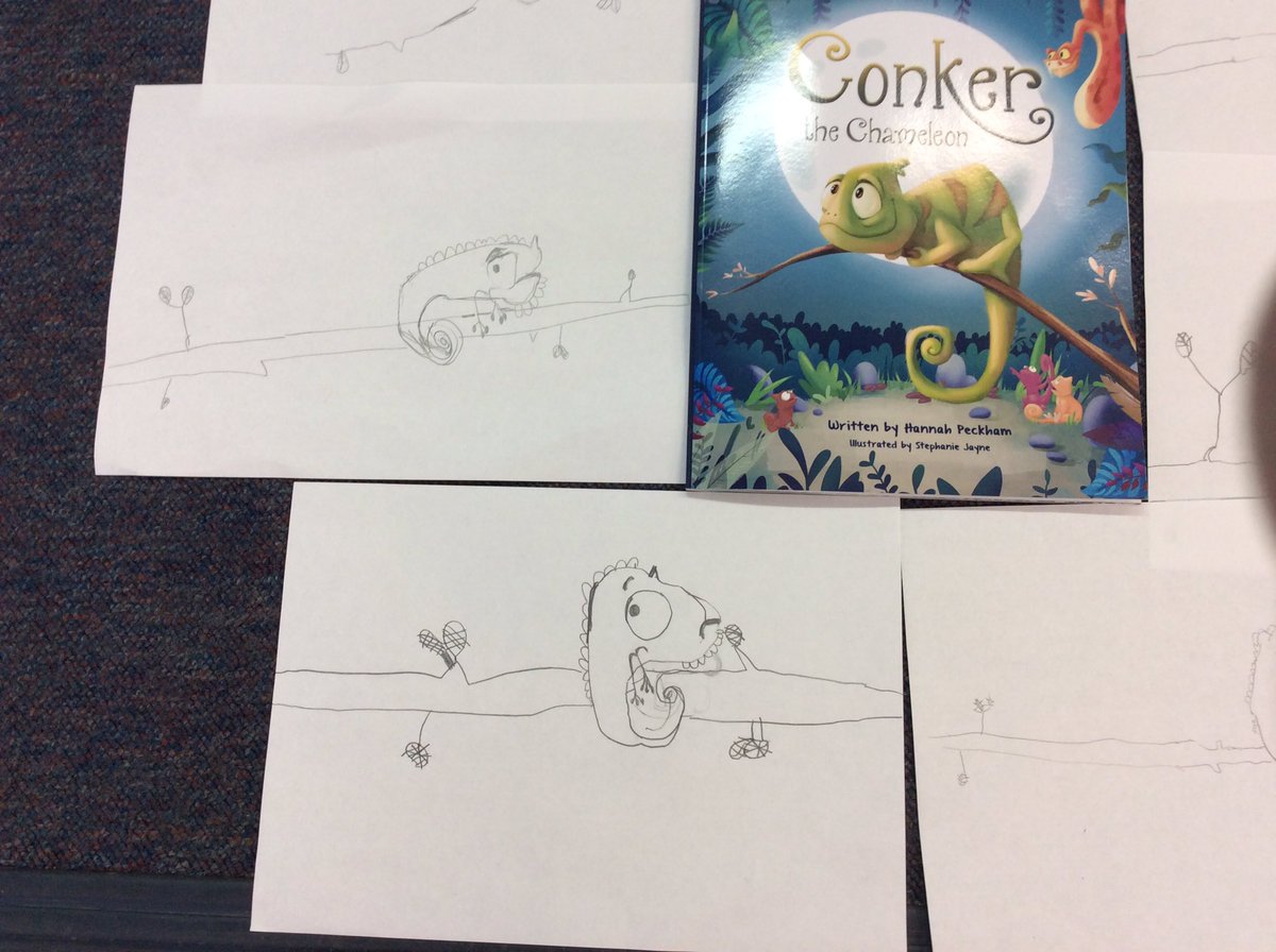 room3P2's tweet photo. World Book Day in Room 3. We shared the story Conker the Chameleon by Hannah Peckham and talked about how our feelings change just like the main character in the story. We also drew our own chameleons. https://t.co/Tux6PIelyA