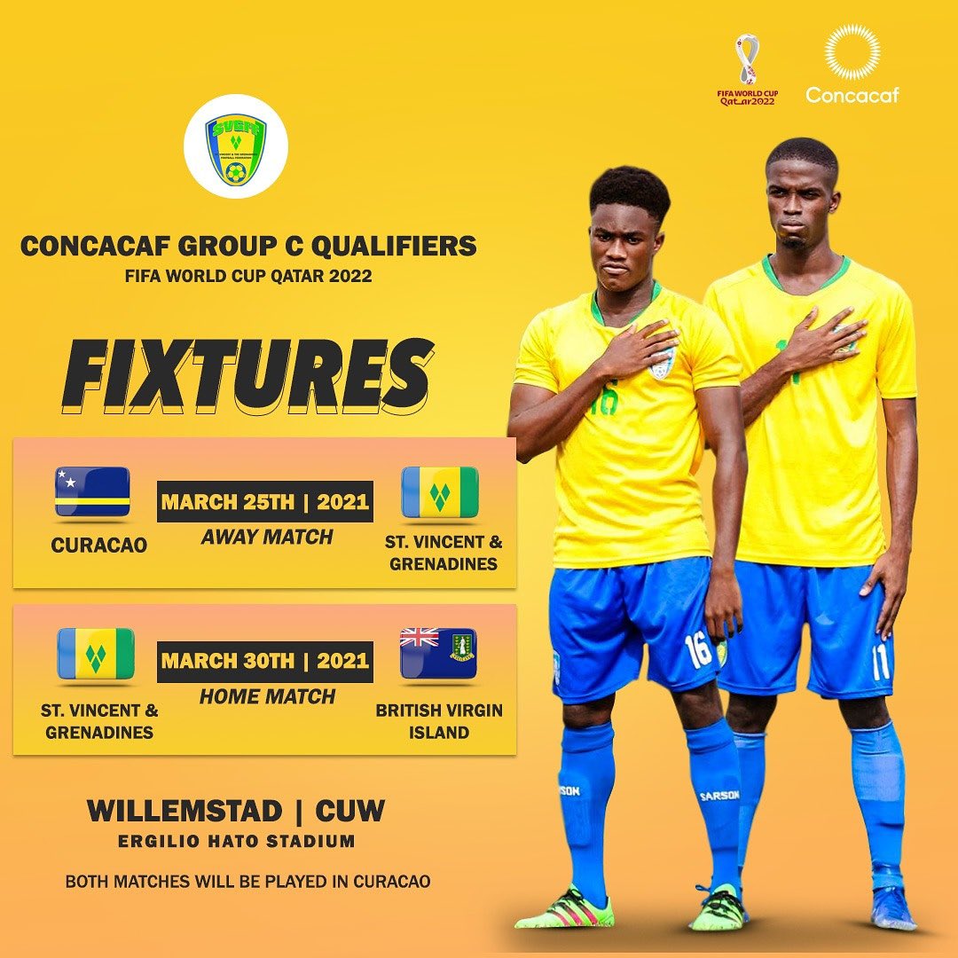 SVGFootball's tweet photo. Vincy Heat will be competing in Group C of the World Cup Qualifiers on March 25th against Curacao and March 30th 2021 against British Virgin Islands.
Both matches will be played in Curacao.
#VincyHeat🔥 #SVGFF🇻🇨 #Concacaf #WorldCupQualifiers ⚽️ https://t.co/4jtzbx58SL