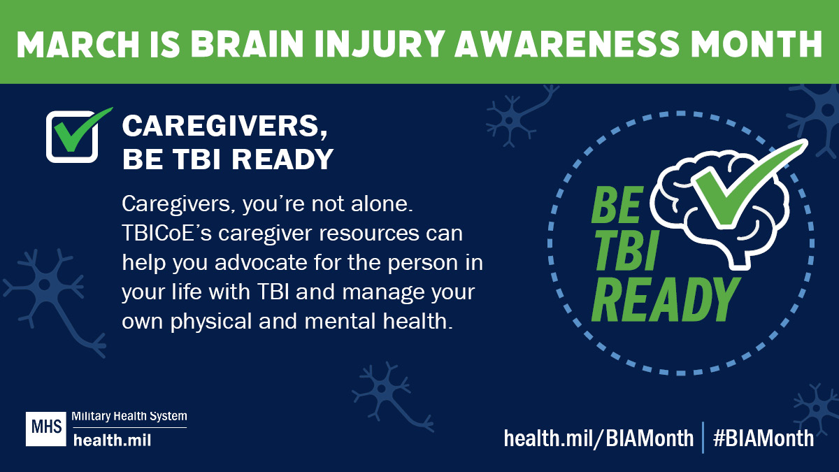 WarriorCare's tweet photo. #Caregivers 💜 #BeTBIReady with the Traumatic Brain Injury Center of Excellence’s #TBI tools and resources to help you who care for service members &amp; veterans with #TBI manage your physical &amp; mental health. #BIAMonth @AHFTF_Page @MilitaryHealth 

Visit https://t.co/4mIw9yVVAF https://t.co/Na481hjLtI