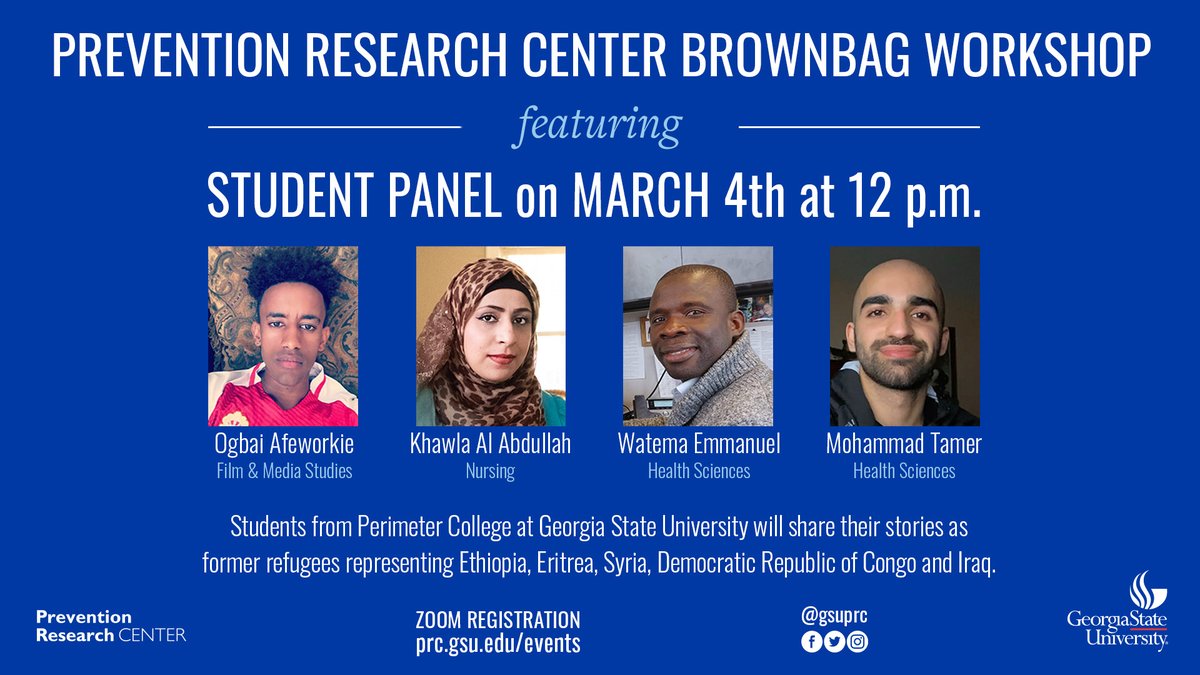 Don't forget to join the #ClarkstonGSUPRC at 12pm today for the brownbag workshop featuring four students from <a href="/GSU_Perimeter/">Perimeter College</a> at <a href="/GeorgiaStateU/">Georgia State University</a>. The panelists will be sharing their stories as former refugees. 

Register: bit.ly/gsuprc-students 

#RIM #RefugeesWelcome