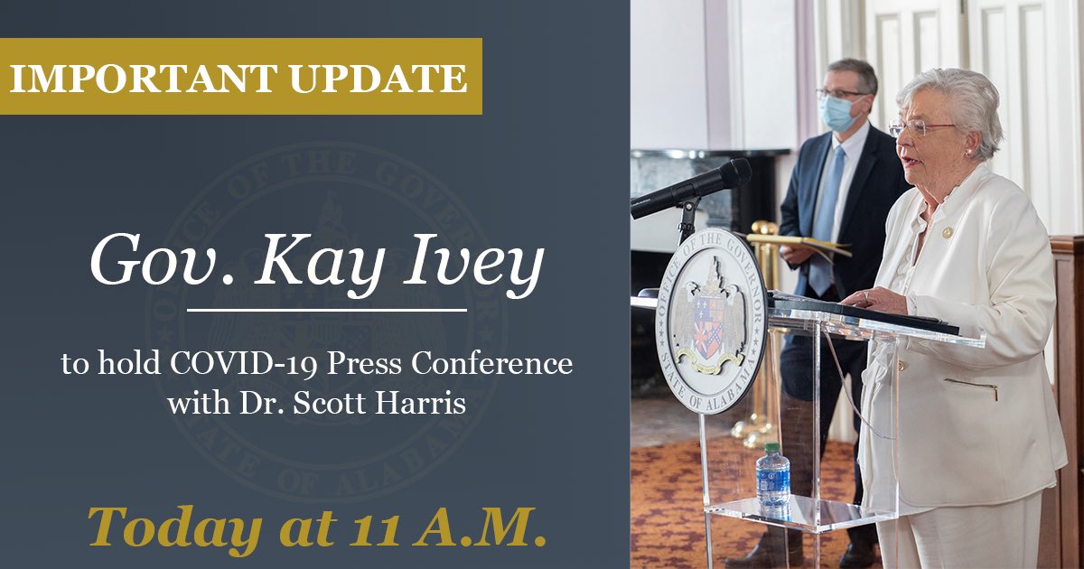 GovernorKayIvey's tweet photo. I’ll be providing an update on Alabama’s #COVID19 efforts today at 11 a.m. Tune it to https://t.co/yPHFl1k69f or your local news stations to watch it live. #alpolitics #TogetherAL @ALPublicHealth https://t.co/vCCmKUOaMO