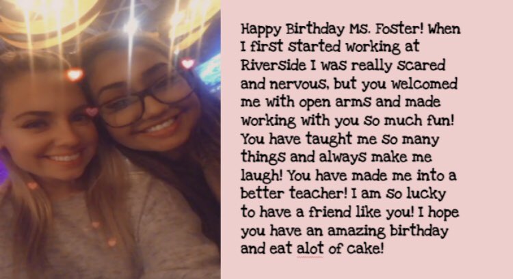 MsFosters3rd's tweet photo. Feeling extra Riverside birthday love today! This morning was so special to me. I am beyond grateful for these students and staff that are my whole world. ❤️ https://t.co/SxJZEonjcB