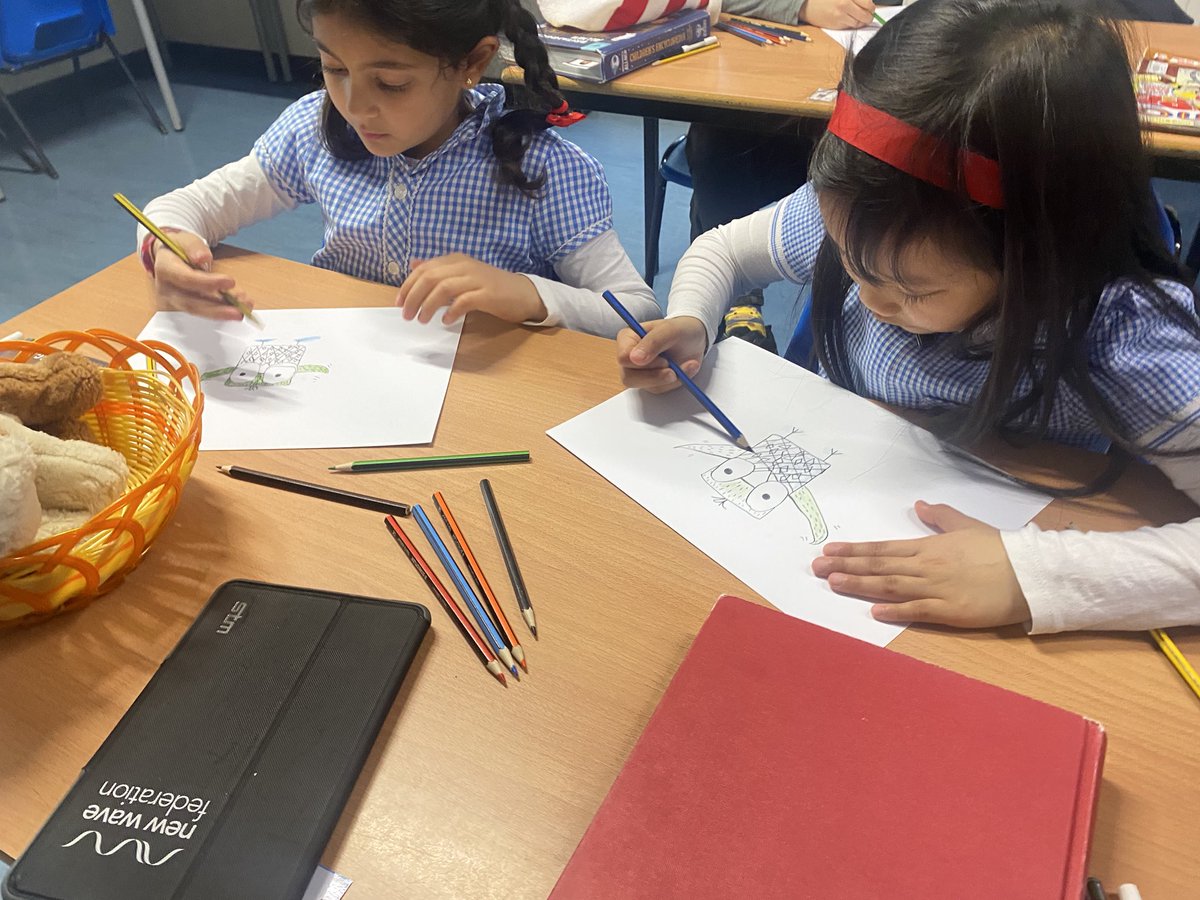 MissN0Donnell's tweet photo. For world book day, the children were super creative and drew a book character! We joined Rob Biddulph to illustrate Eugene the Owl from the book ‘Grrrrrr’ ✏️🎨 @Grazebrook_Pri #DrawWithRob #WorldBookDay https://t.co/O7QdhAbLQ0