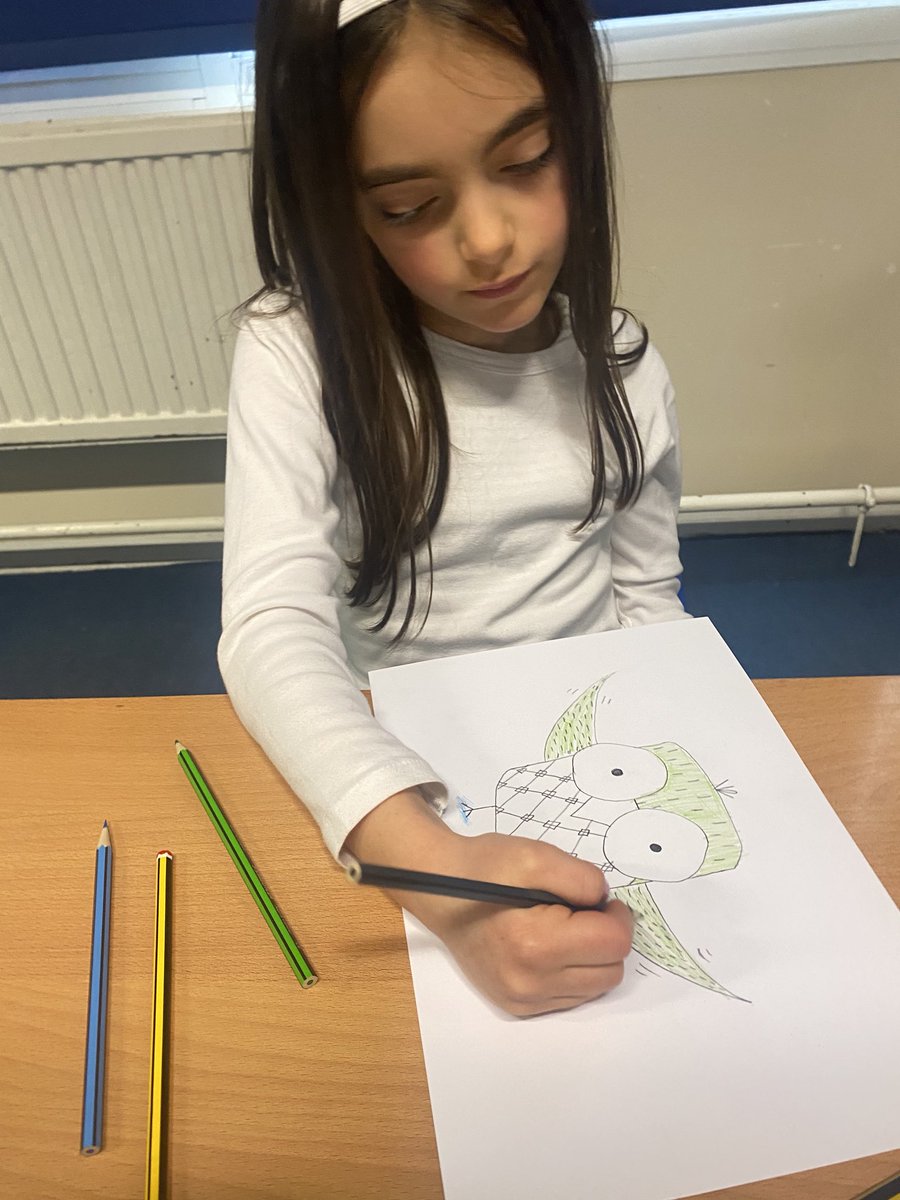 MissN0Donnell's tweet photo. For world book day, the children were super creative and drew a book character! We joined Rob Biddulph to illustrate Eugene the Owl from the book ‘Grrrrrr’ ✏️🎨 @Grazebrook_Pri #DrawWithRob #WorldBookDay https://t.co/O7QdhAbLQ0