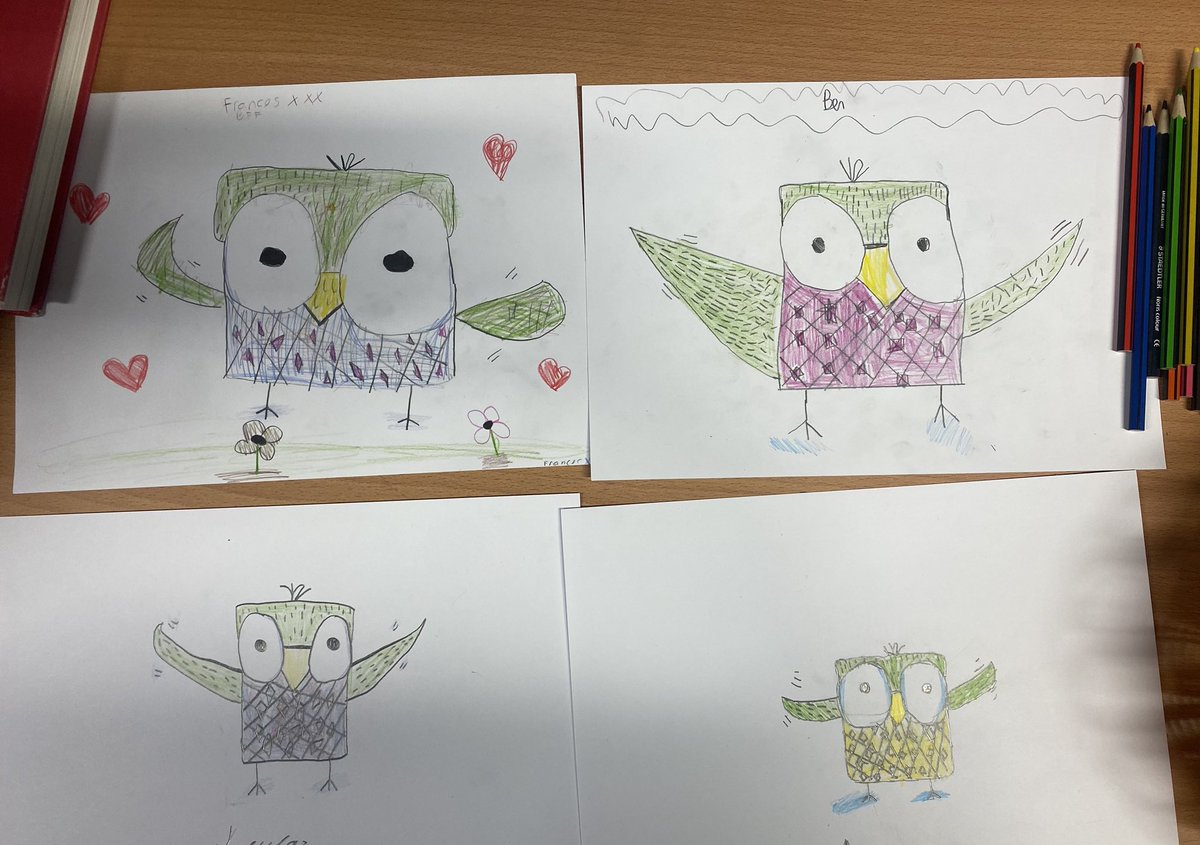MissN0Donnell's tweet photo. For world book day, the children were super creative and drew a book character! We joined Rob Biddulph to illustrate Eugene the Owl from the book ‘Grrrrrr’ ✏️🎨 @Grazebrook_Pri #DrawWithRob #WorldBookDay https://t.co/O7QdhAbLQ0