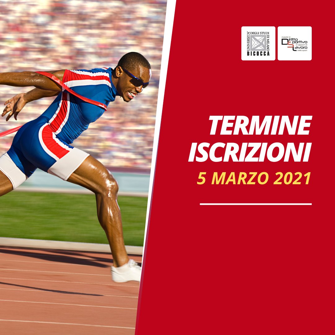 TERMINE ISCRIZIONI 5 MARZO!
Le lezioni saranno online con un numero definito di posti:
ALLIEVI/ALLIEVE numero massimo 20
UDITORI/UDITRICI numero massimo 4
INGLESE GIURIDICO numero massimo 4
Per informazioni
masterdirittosportivo.it
oppure scrivete a info@masterdirittosportivo.it
