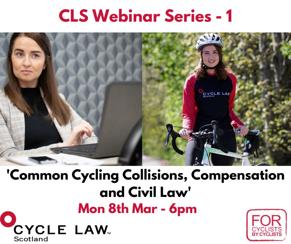 law_cycle's tweet photo. Here's the first in our series of CLS webinars where Zara Jones, one of our specialist #cycling Lawyers, will discuss common #collisions, #compensation and civil #law. 

Register free at https://t.co/doSS9coPkD https://t.co/XwVX6kIUNo