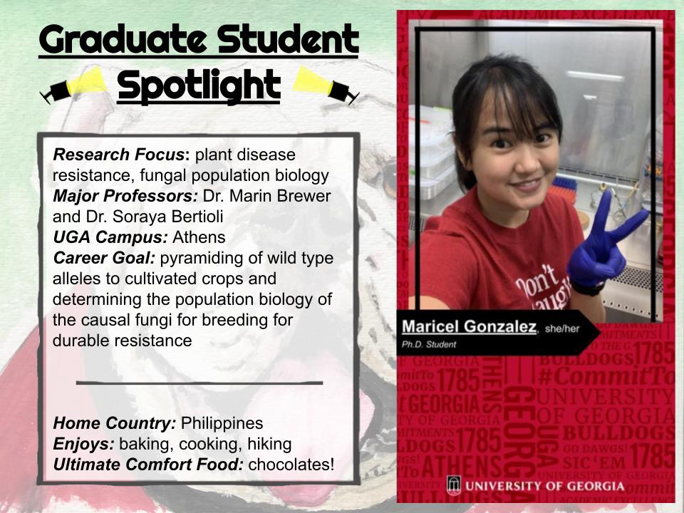 Our next spotlight is on Maricel Gonzalez! Maricel is a Ph.D. student working with Dr Brewer and Dr Bertioli on fungal diseases in peanut! #SAPPS #STEM #plantpathology