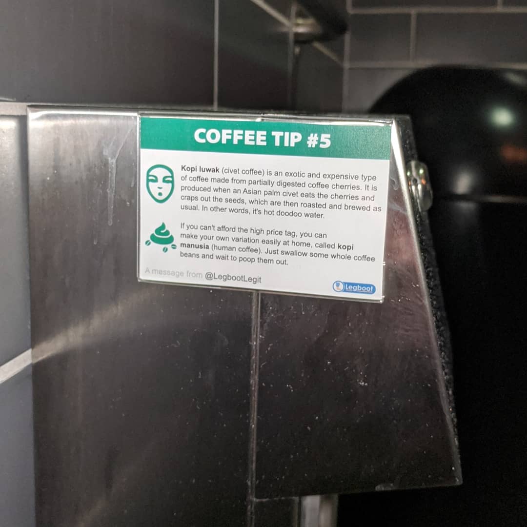 LegbootLegit's tweet photo. Another coffee tip in the Starbucks bathroom
#legboot #kopiluwak #civetcoffee #starbucksgirl #starbucksaddict #coffeegram #funnysigns https://t.co/5fCou75ZTs