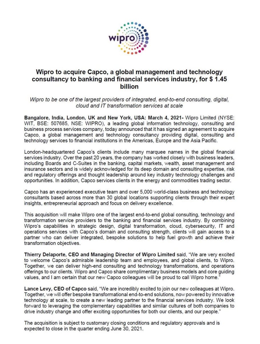 Thrilled to share that Wipro will acquire Capco - a global management and technology consulting company to the Banking &amp; Financial Services industry - will create strong end to end capabilities and drive synergy - exciting times ahead. <a href="/Wipro/">Wipro</a> <a href="/Capco/">Capco</a>