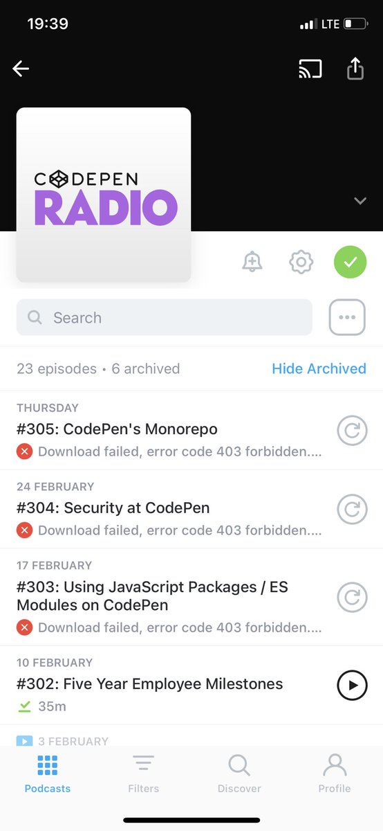 Hi <a href="/codepen/">CodePen.IO</a>. Being getting 403 forbidden on trying to downloading last 3 episodes via <a href="/pocketcasts/">Pocket Casts</a> for the last 3 weeks.😔.  Any advice or walkarounds?? Thanks