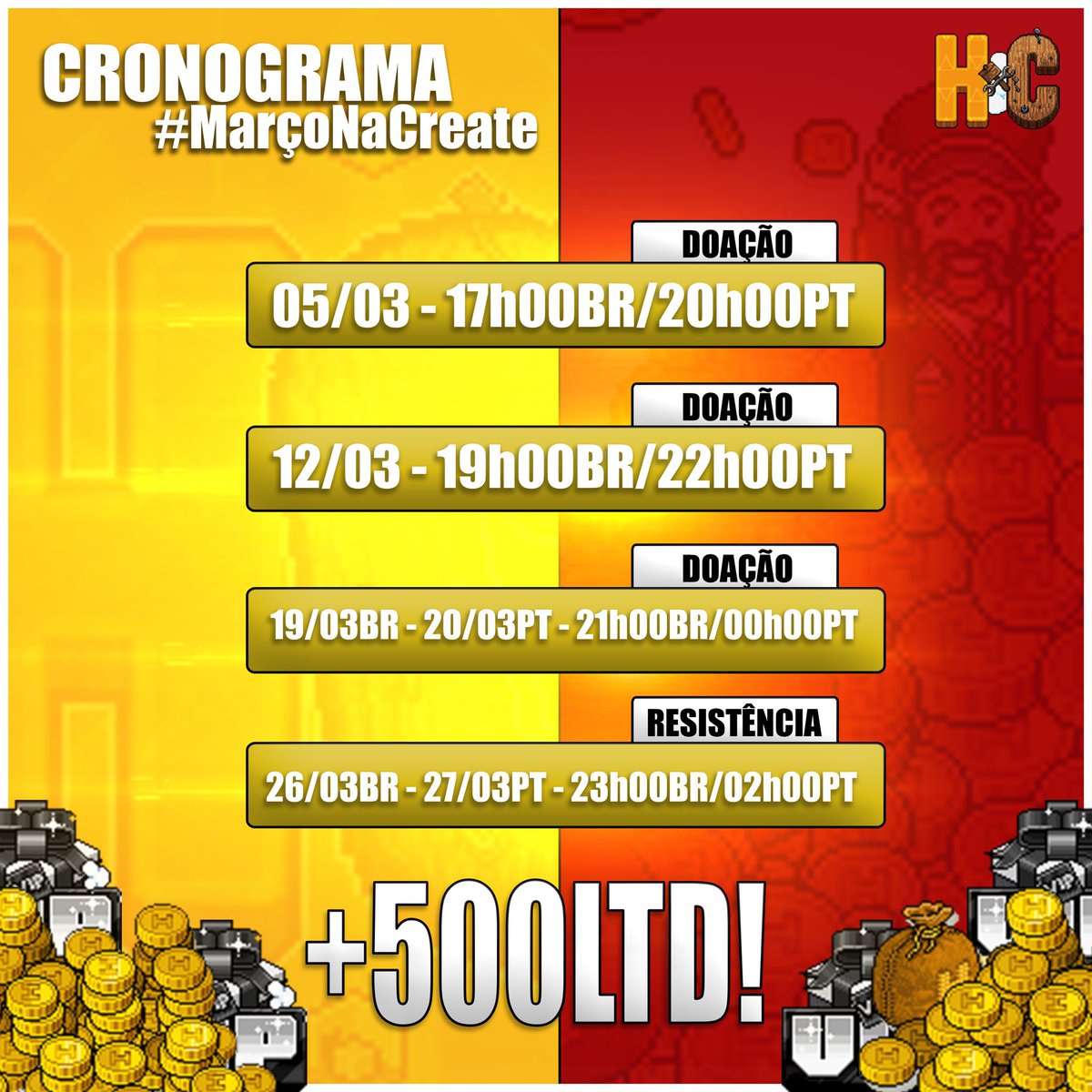 construbblet's tweet image. 🟡 CRONOGRAMA: #MarçoNaCreate 🟡

Março finalmente chegou e aqui na #HabbletCreate começou em alto e grande estilo. Preparamos diversas atividades e premiações para todo @MeuHabblet neste mês. Você não vai ficar de fora, né? Confira!

Se prepare e venha se divertir! 💸💵🎰🎮🥰😎