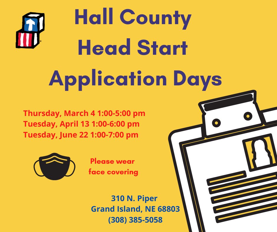 HeadStartCFDP's tweet photo. Today's the day!  Don't forget, today is the first Hall County Head Start Application dday.   Grand Island Area, come to 310 N. Piper Grand Island, NE today from 1:00-5:00 PM to apply https://t.co/VOy3MPIdJJ