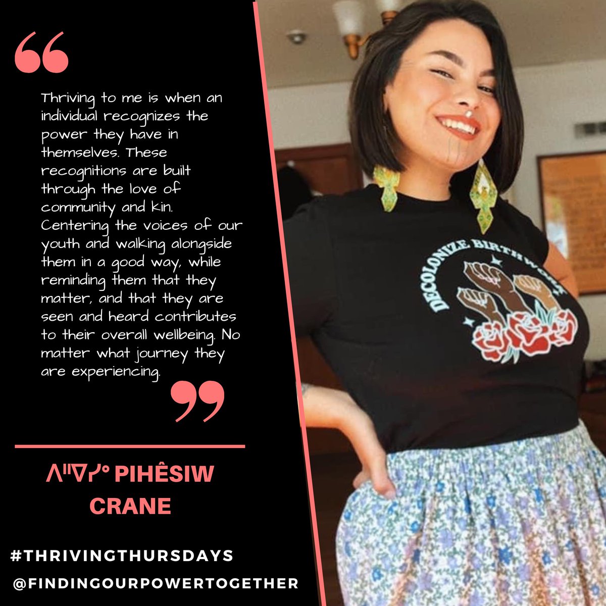 FOPT2022's tweet photo. For this week's Thriving Thursday, we are excited to be featuring PihΓͺsiw Crane. PihΓͺsiw (they/them) is a queer disabled Indigenous full spectrum birthworker, youth leader, and housing support worker.
Who should we feature next week?
#thrivingthursdays #findingourpowertogether https://t.co/n8G5ejF9KC