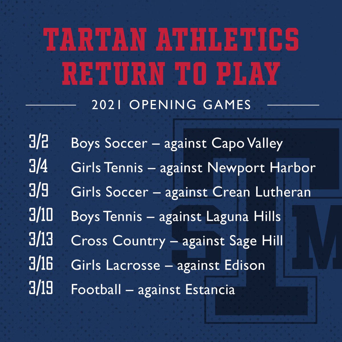 SMTartans's tweet photo. .@SMESAthletics is back! CIF--SS granted permission for 10 athletic teams to return to competition, and our athletes are ready! Attendance will be limited for most games, yet we will share ways for our community to stream home games that take place on campus. Go Tartans! https://t.co/vWkuvpGMuU