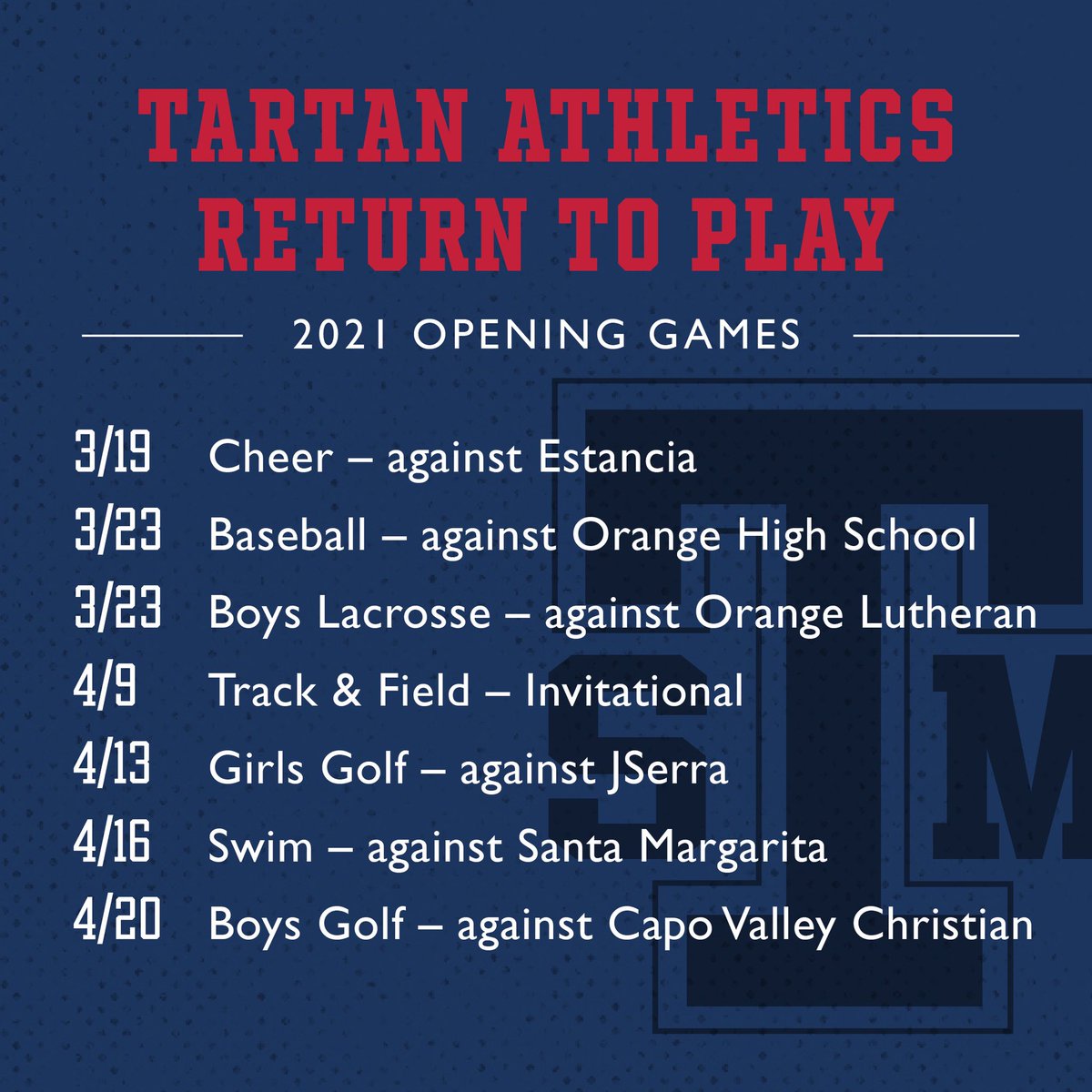SMTartans's tweet photo. .@SMESAthletics is back! CIF--SS granted permission for 10 athletic teams to return to competition, and our athletes are ready! Attendance will be limited for most games, yet we will share ways for our community to stream home games that take place on campus. Go Tartans! https://t.co/vWkuvpGMuU